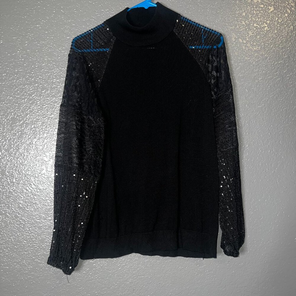 Belldini Black Sweater Women’s Size M – Lace & Sequin Sheer Sleeve Knit Top